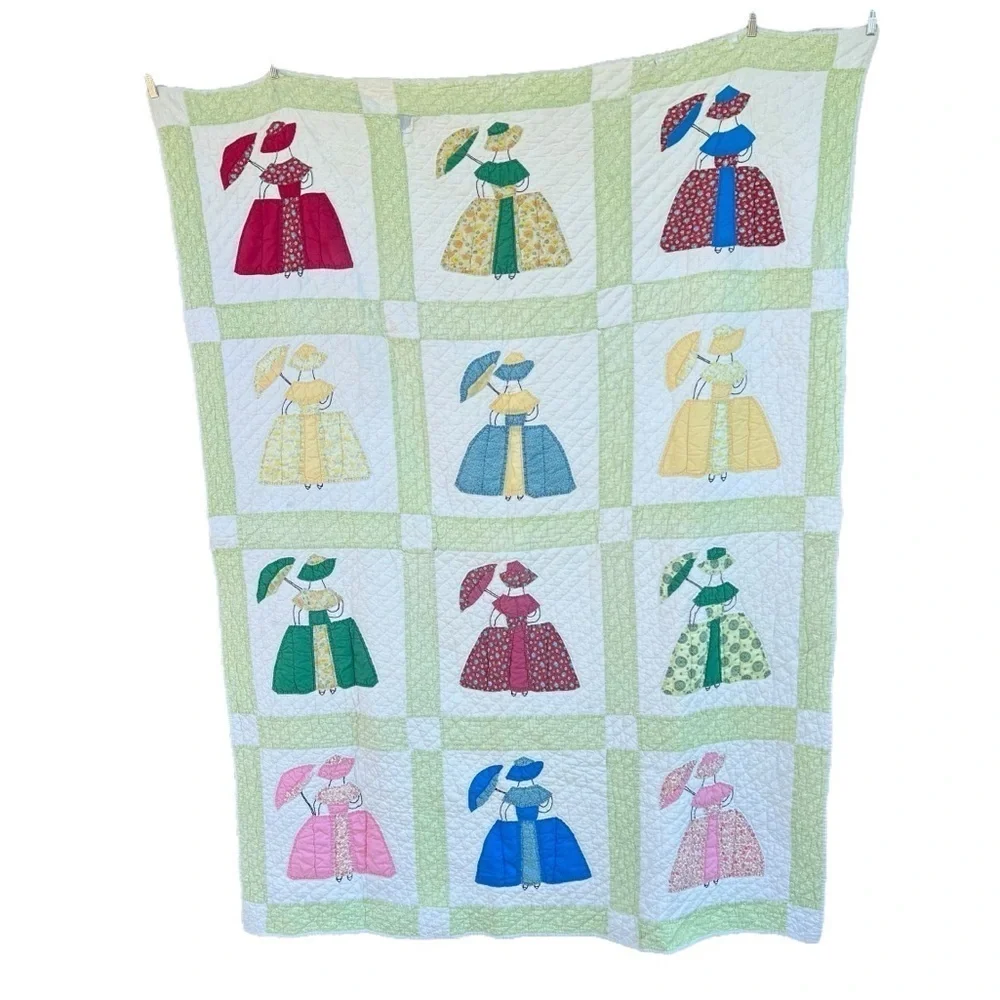 VTG Southern Belle Block Quilt Hand Stitched Quilted Parasol Bonnet Calico 58x76
